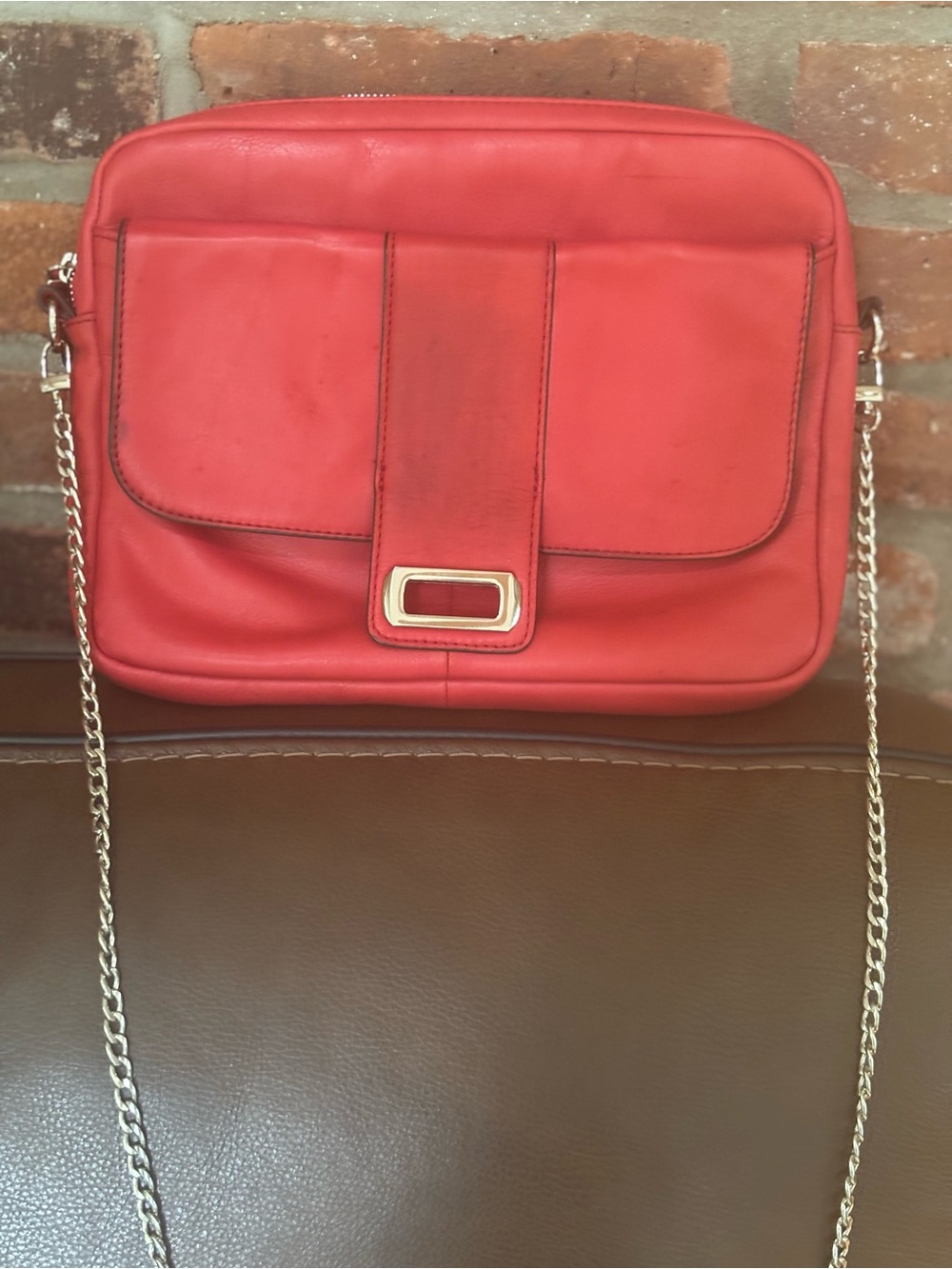 B. Makowsky Red Leather Crossbody Bag, Leopard Lining & Chain Strap